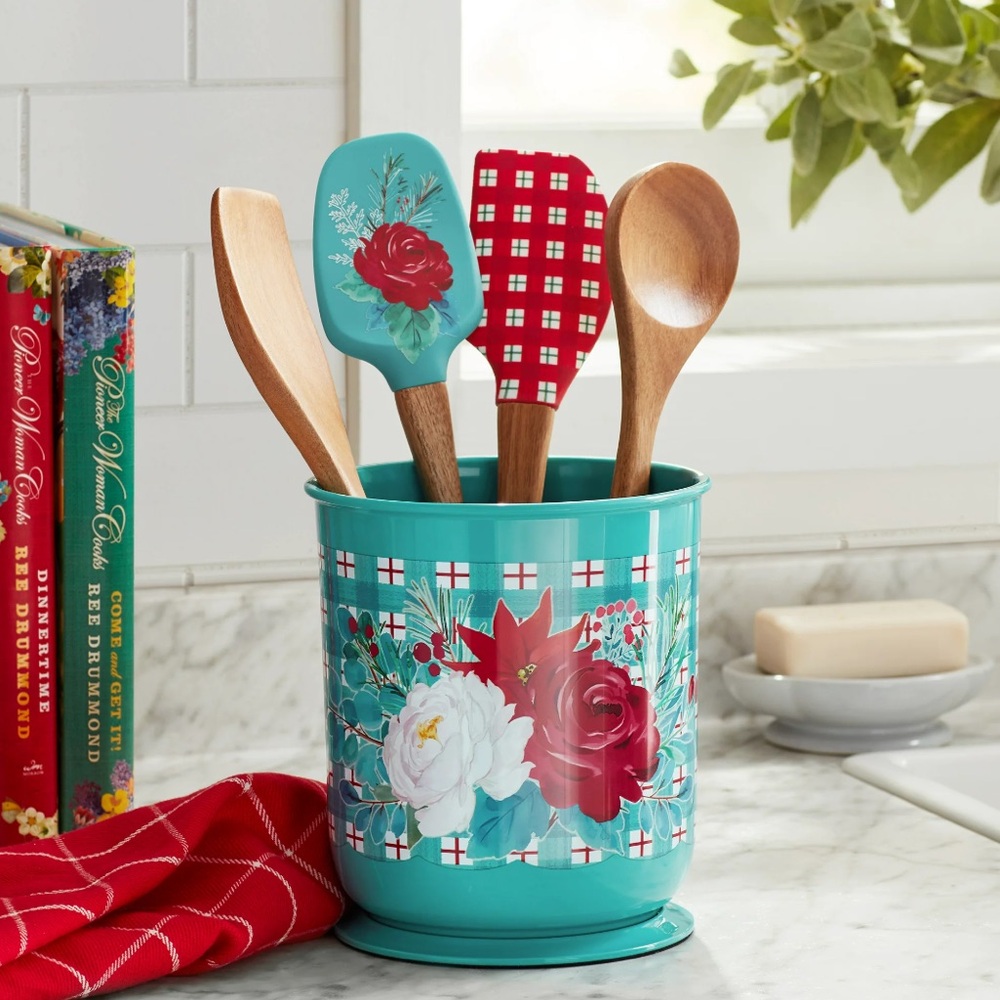 The Pioneer Woman Silicone & Wood Cooking Utensils& Crock Set Wishful Winter NEW